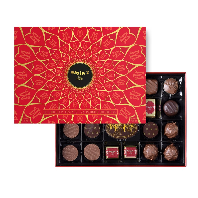 Boîte assortiment 22 chocolats - Fourreau coeurs-Chocolats-Maxim's shop